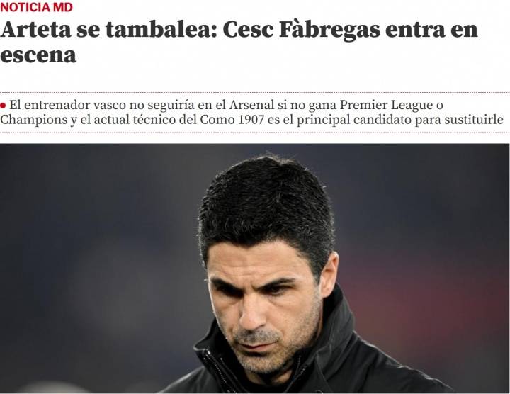 不夺冠就下课？曝阿尔特塔再被逆转将遭解雇，法布雷加斯有望接班